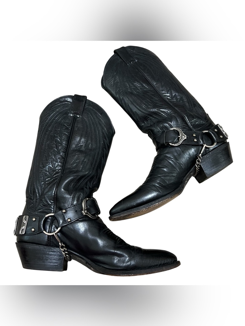 Justin Black Leather Western Harness Boots Concho Ring Chain Details 8.5D USA